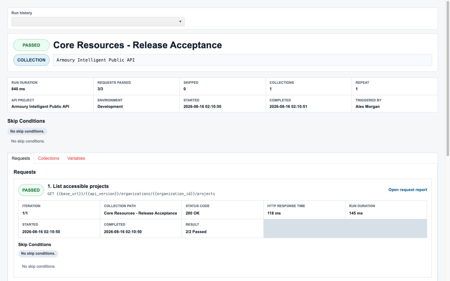 API Collection run report and execution tree