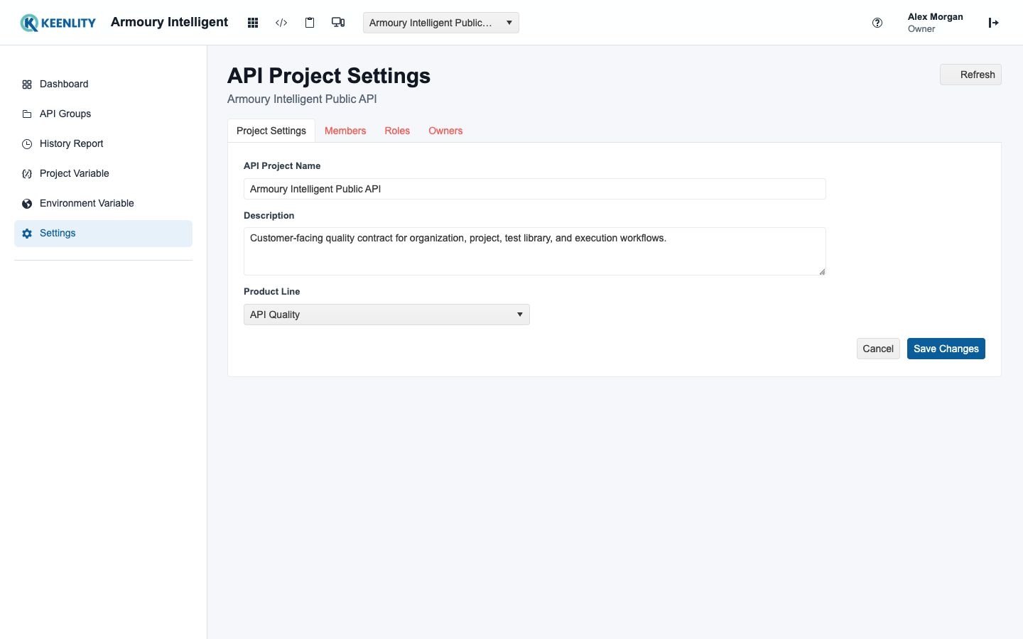 API Project settings, members, roles, and owners