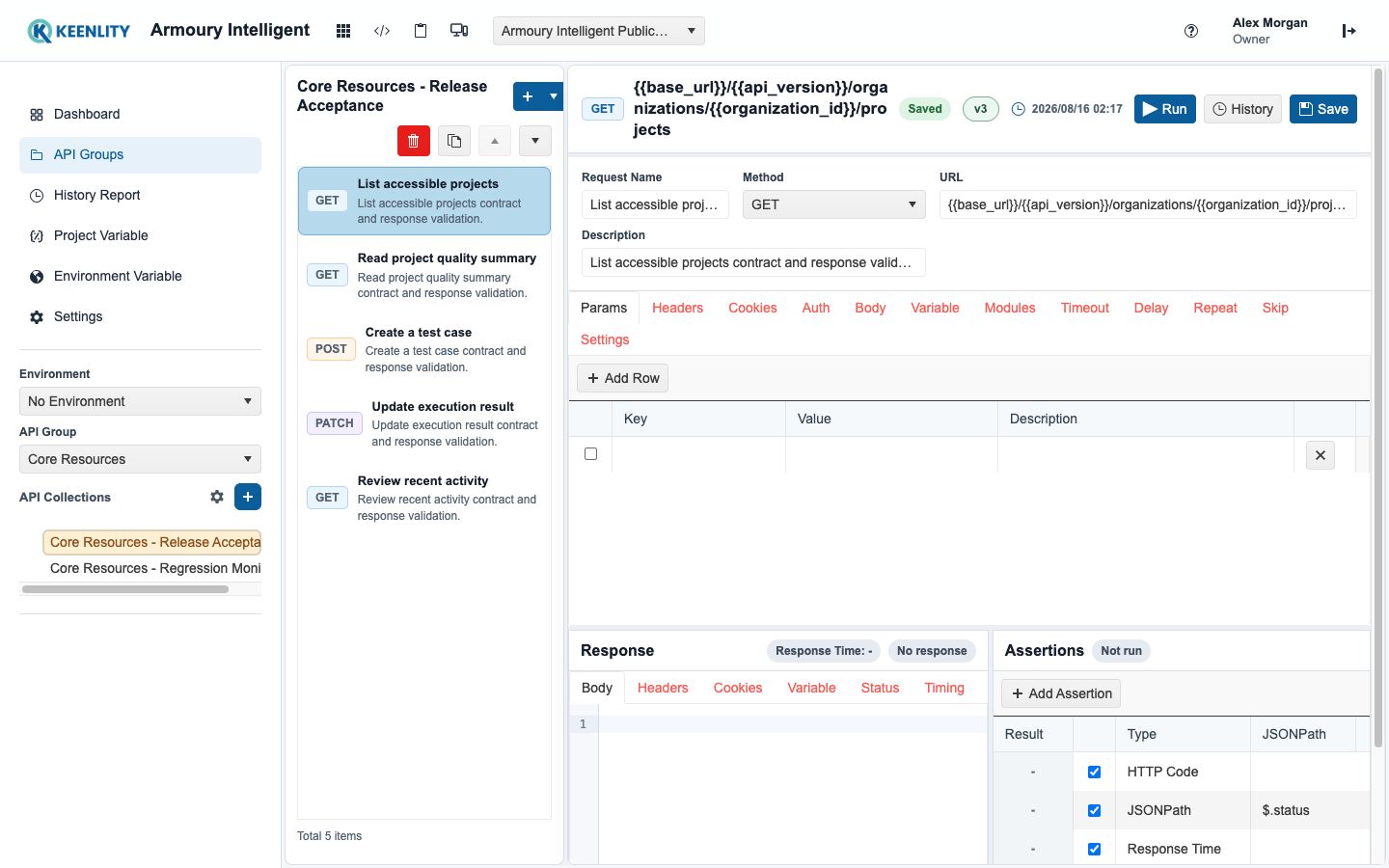 API Request editor with a response pane and configured assertions