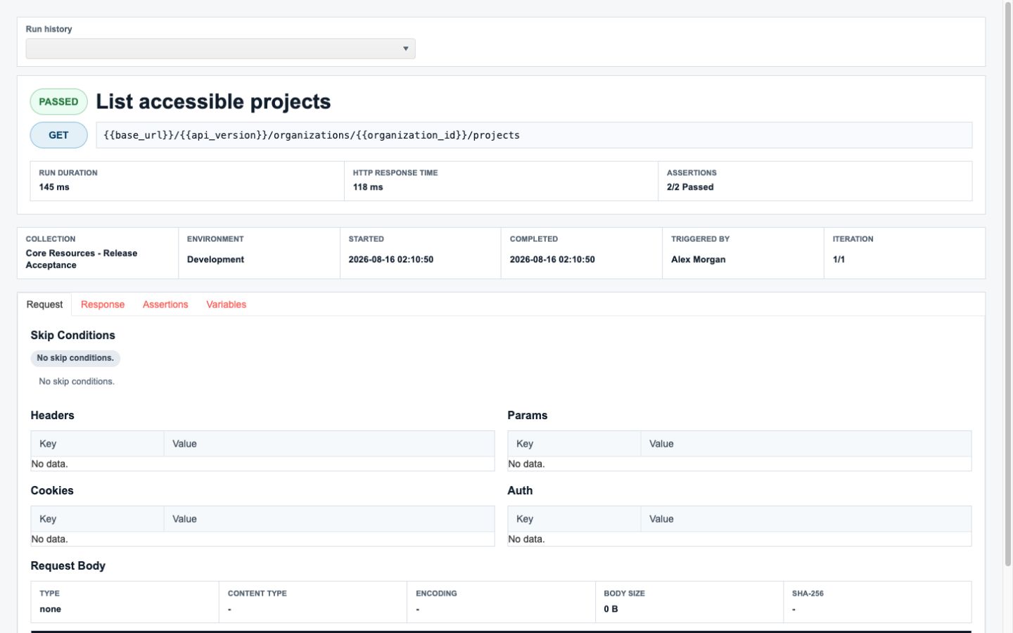 Detailed API Request run report