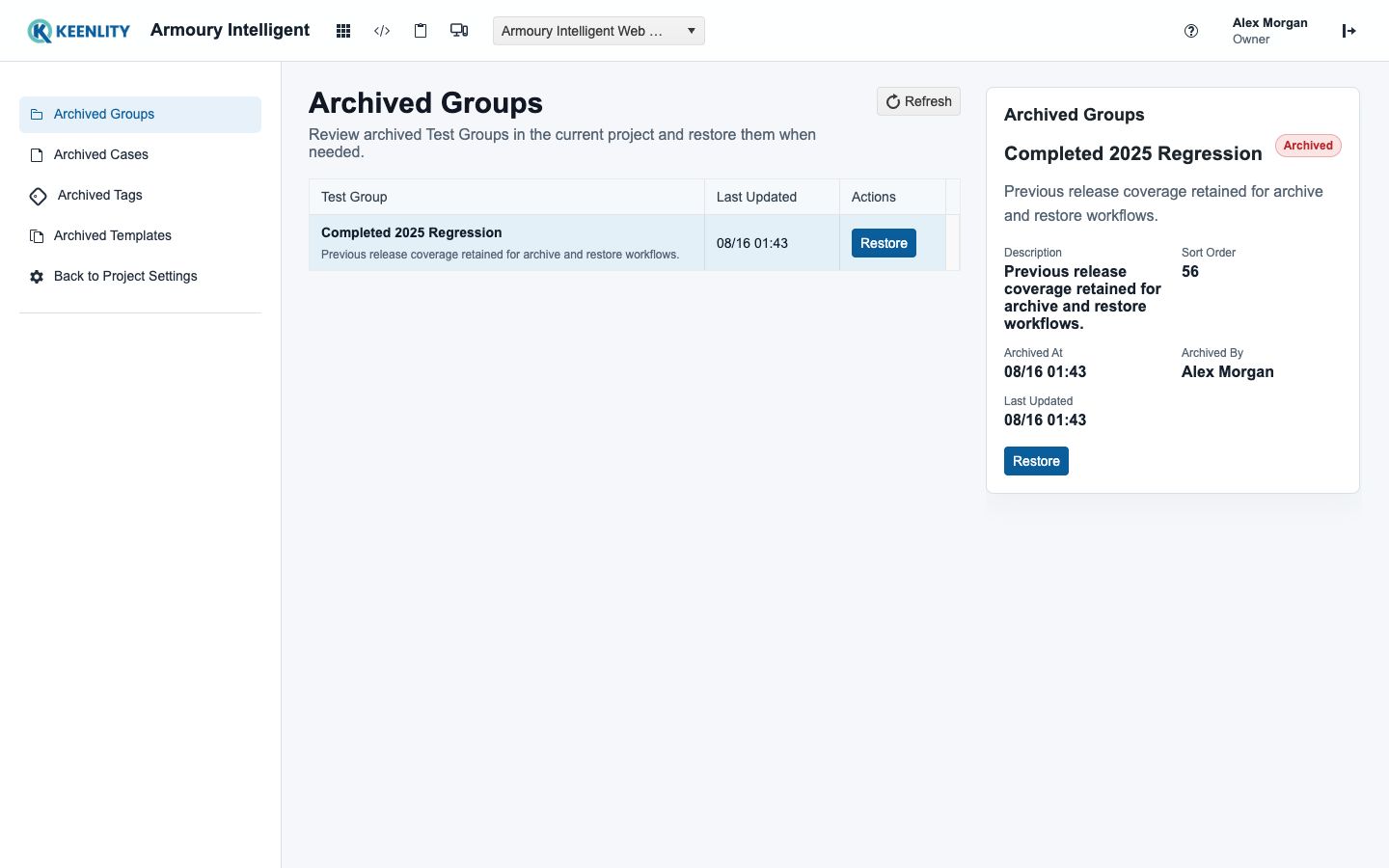 Archive management with recoverable project records