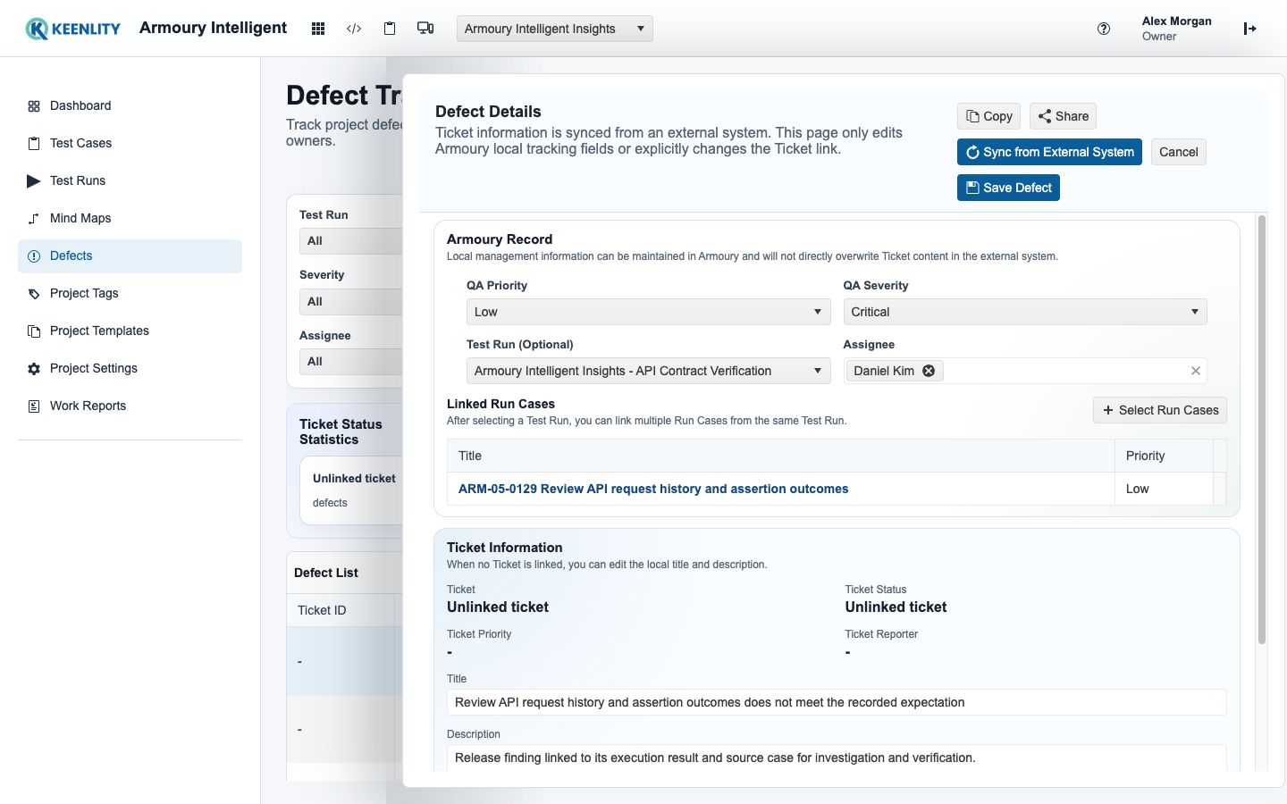 Defect tracking workspace with selected defect evidence
