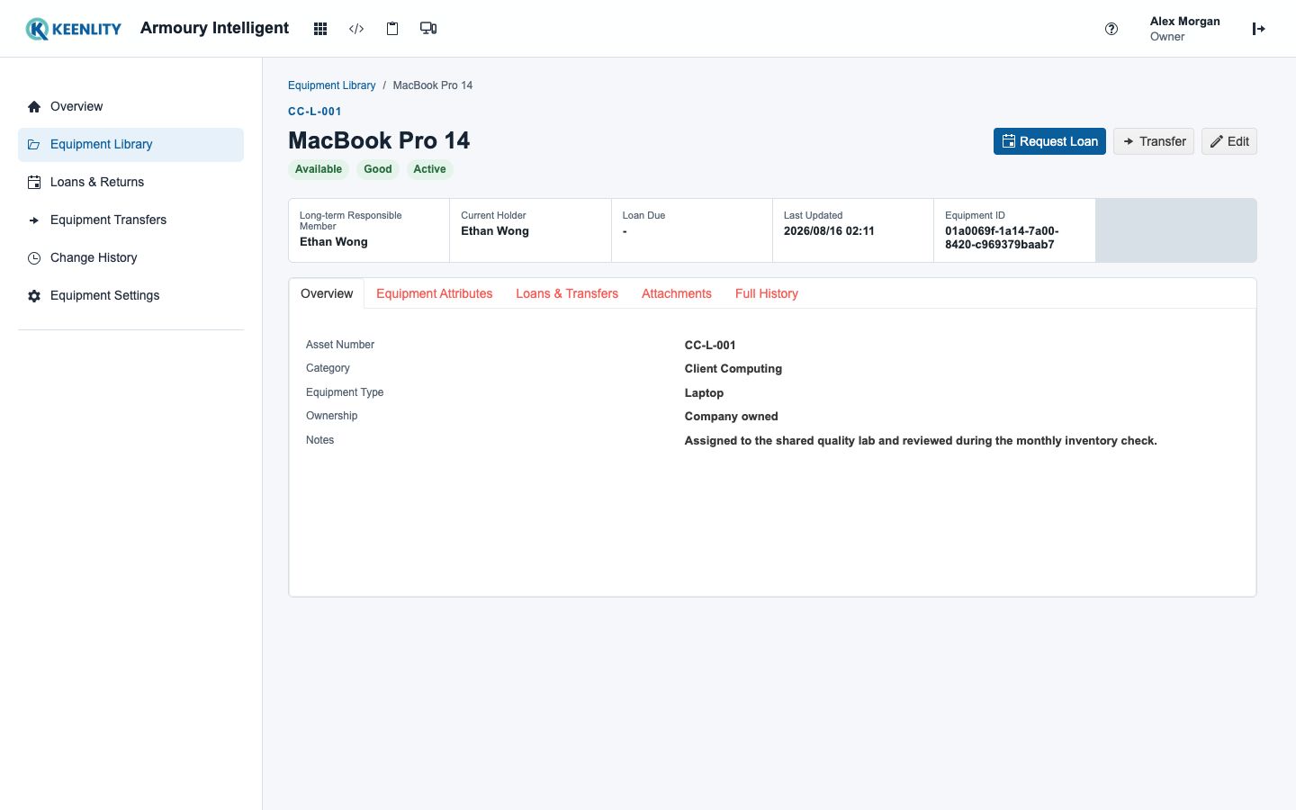 Equipment detail with responsibility and lifecycle context