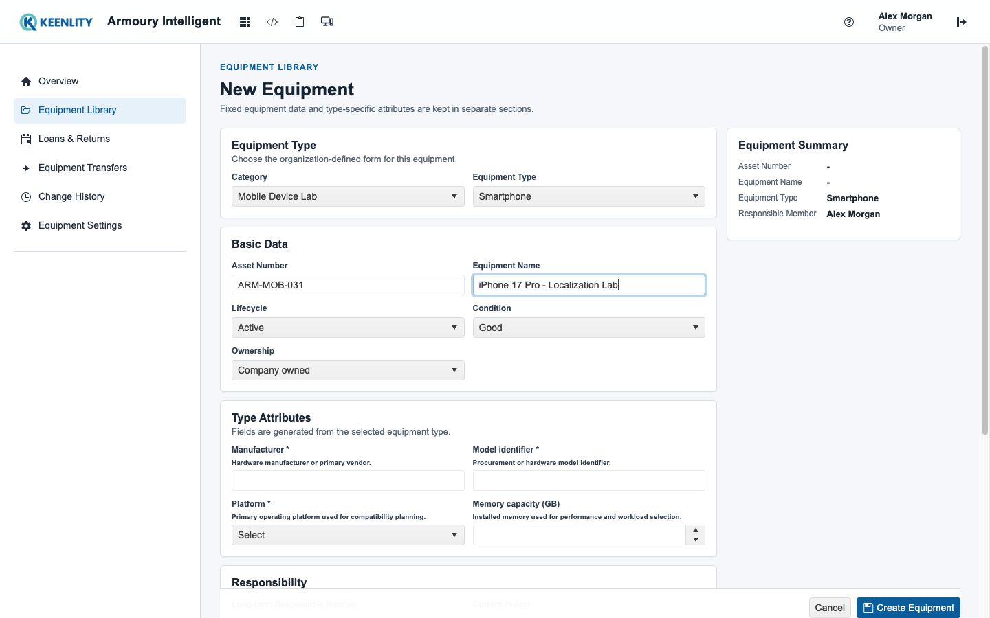 New equipment form with type-specific attributes