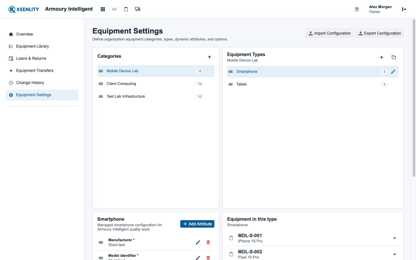 Equipment settings hierarchy and dynamic attributes