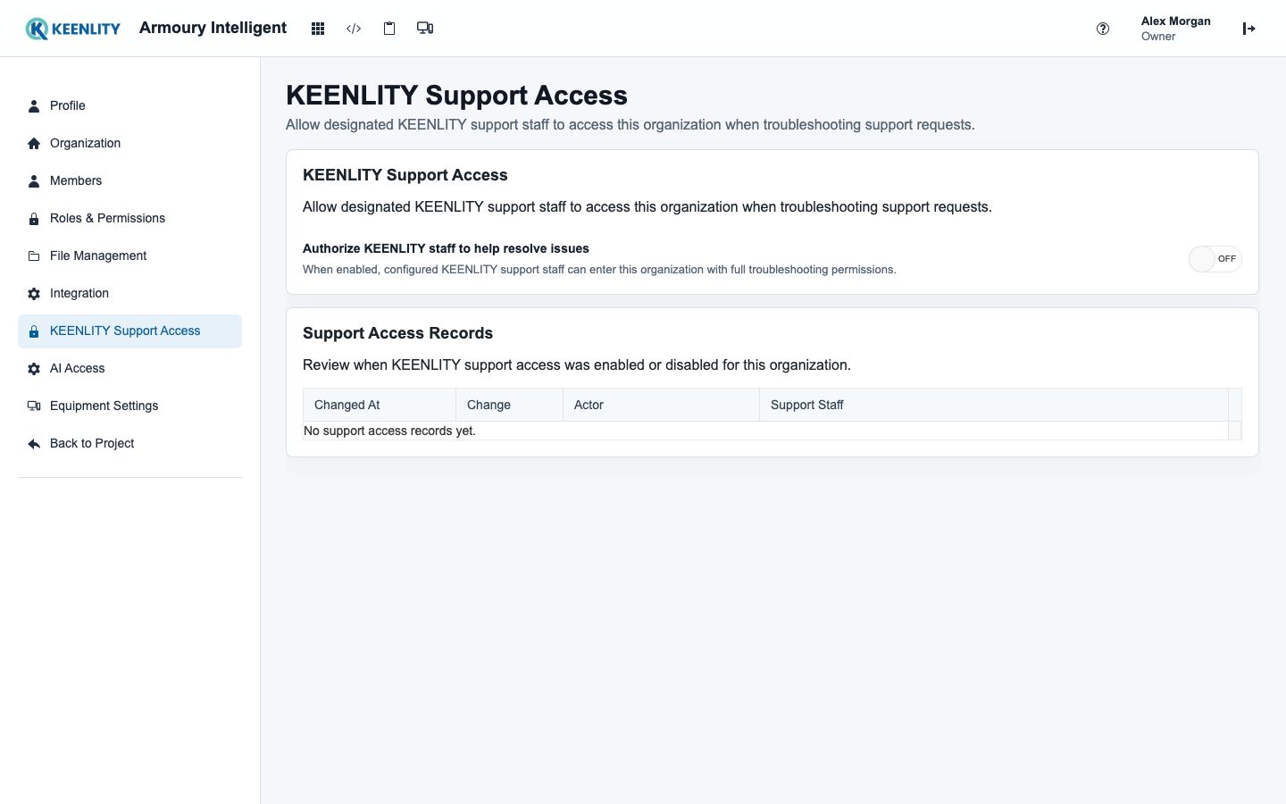 KEENLITY support access controls and records