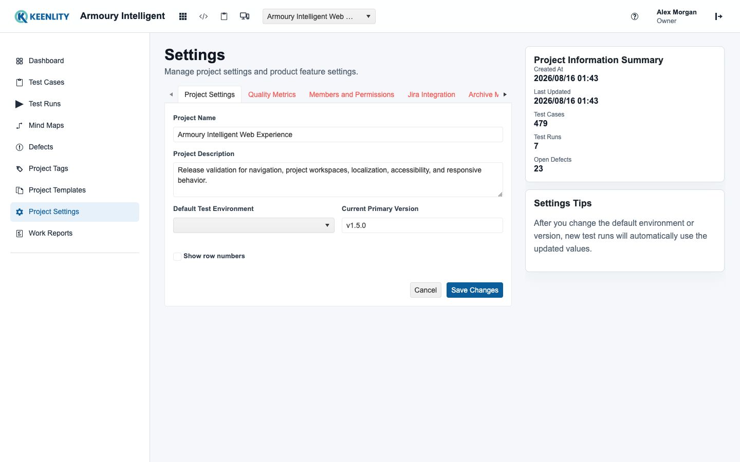 Project settings and quality configuration
