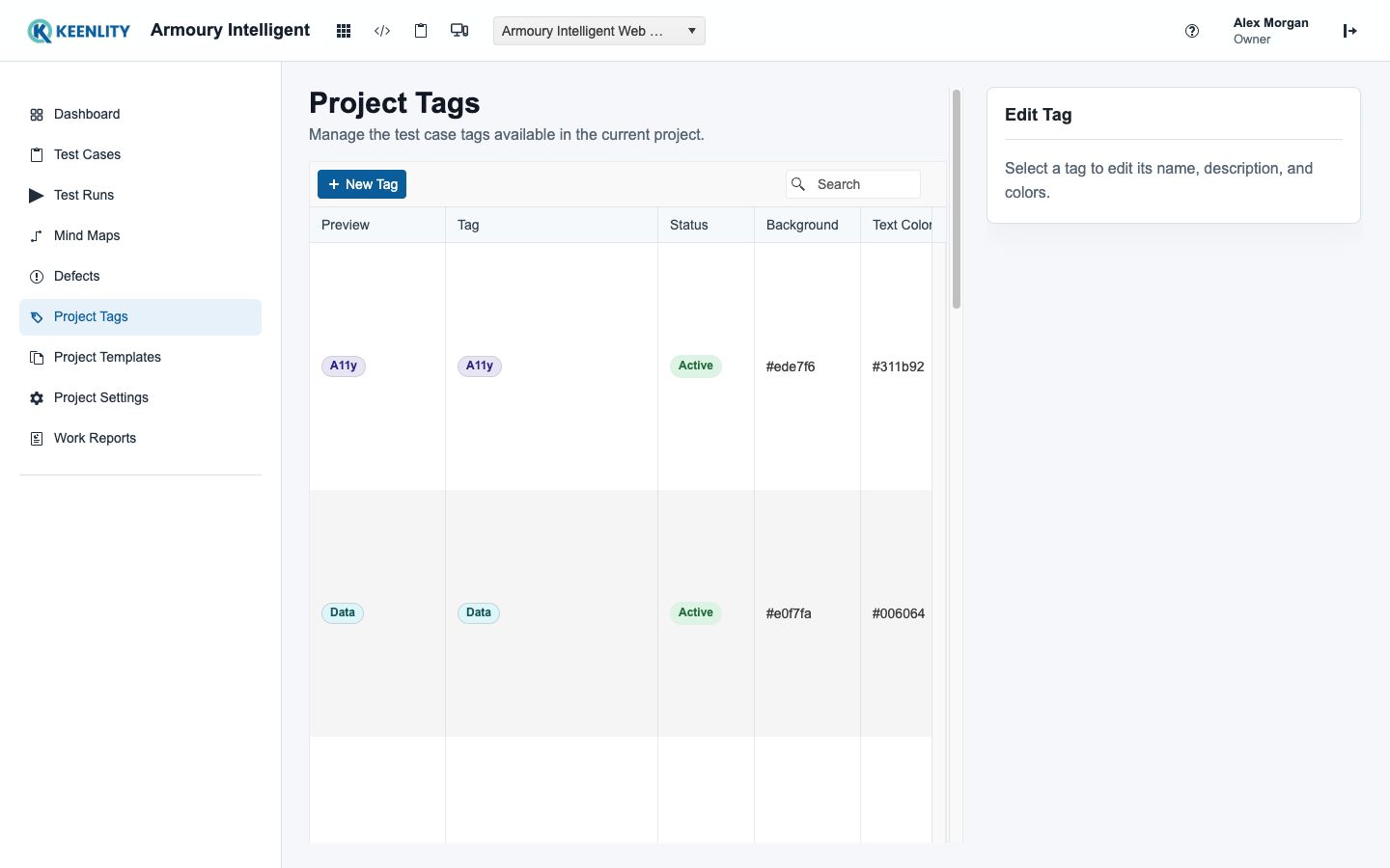 Project Tags list and selected tag editor