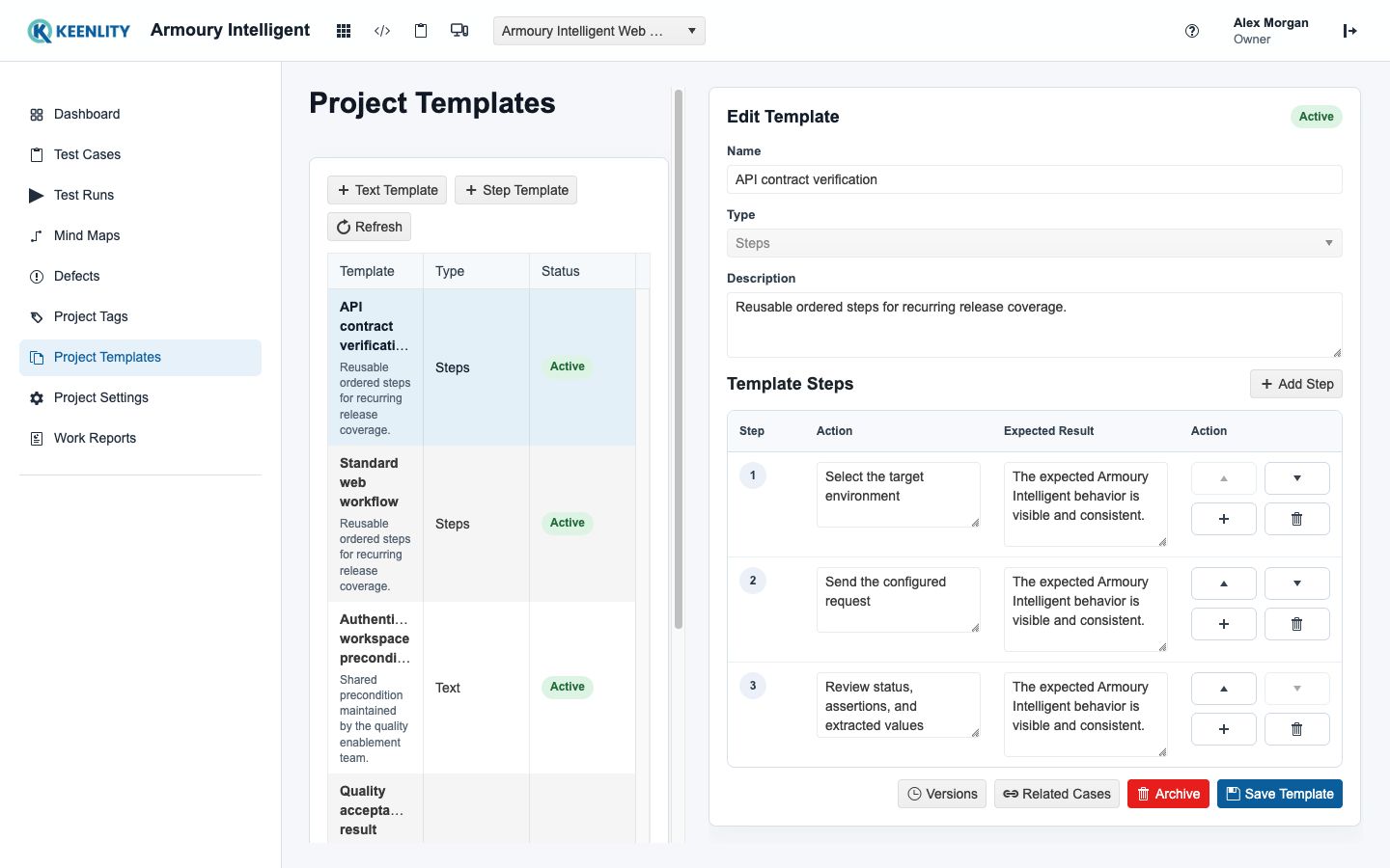Project Templates with steps, versions, and related cases