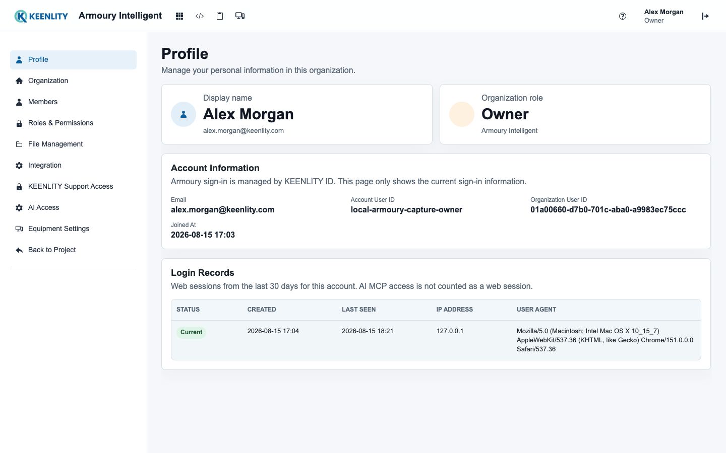 SSO identity profile and recent sessions