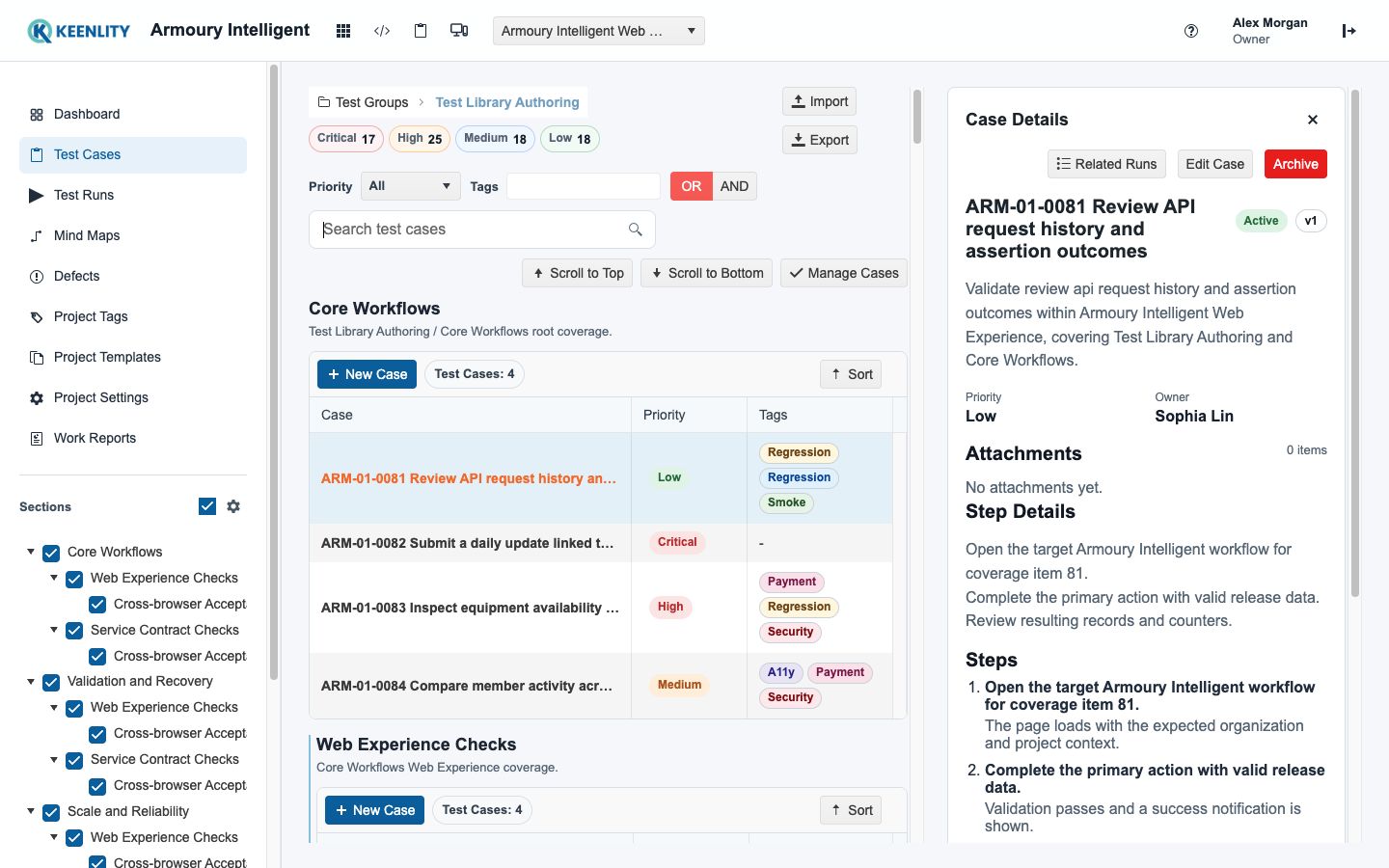 Test Case library with Sections and selected case details