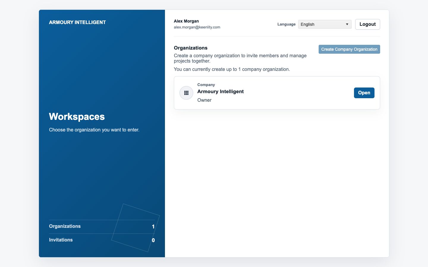 Workspace selector with personal and company organizations